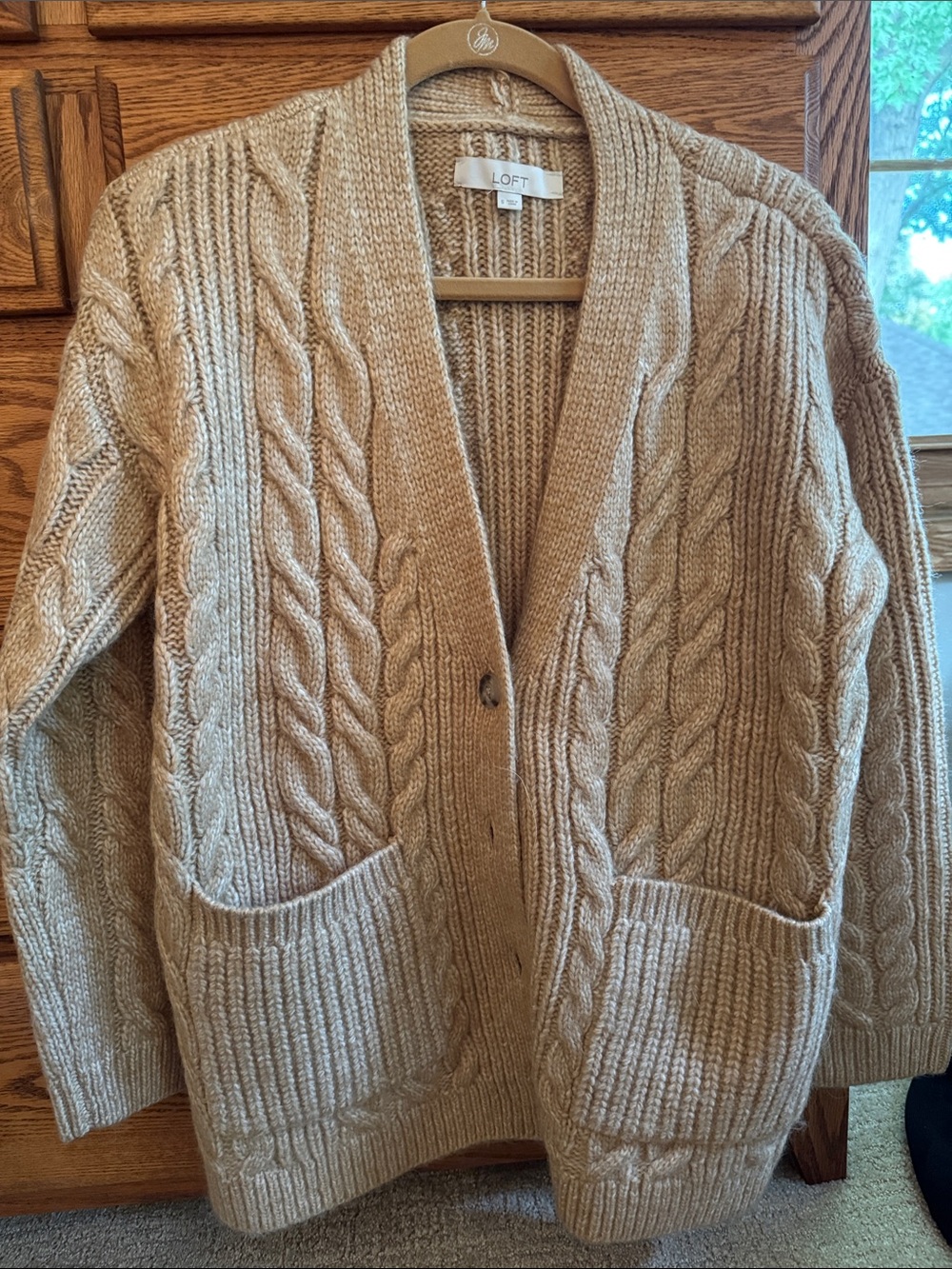 LOFT Tan Cable-Knit Open Front Cardigan with Pockets